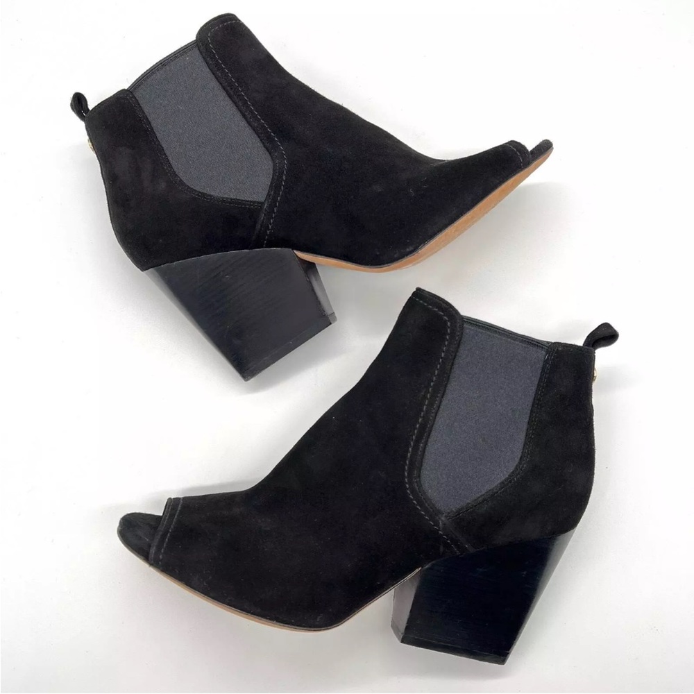 $450 TORY BURCH Gemma Open Toe Bootie BLOCK BLACK SUEDE 9